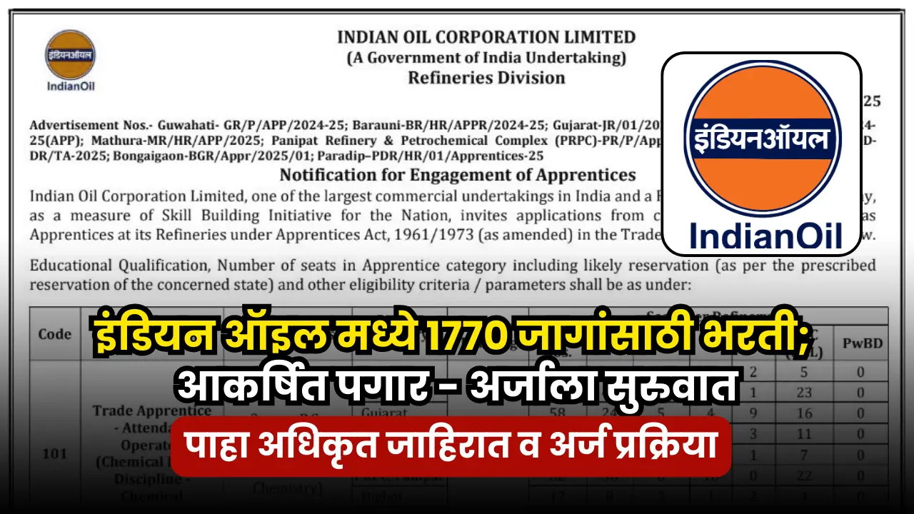 IOCL Apprentice Recruitment 2025 | इंडियन ऑइल मध्ये 1770 जागांसाठी भरती; आकर्षित पगार. 1 IOCL Apprentice Recruitment 2025