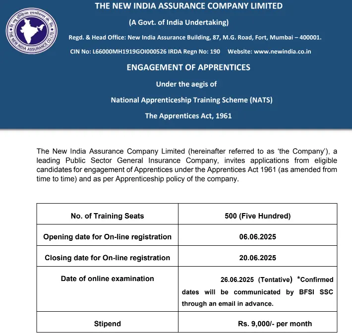NIACL Apprentice 2025 notification