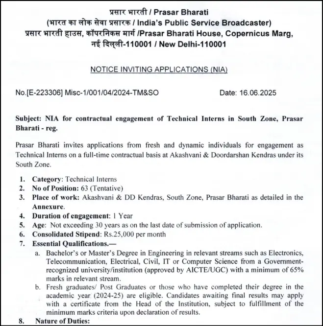 Prasar Bharati 2025 notification