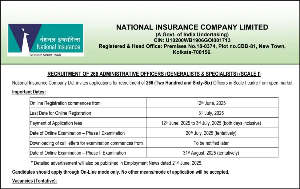 NICL bharti 2025 | अर्ज सुरु - नॅशनल इन्शुरन्स कंपनी लि. मार्फत 266 जागांसाठी भरती 2025 जाहीर; अर्जाची लिंक खाली दिली आहे. 3 NICL notification