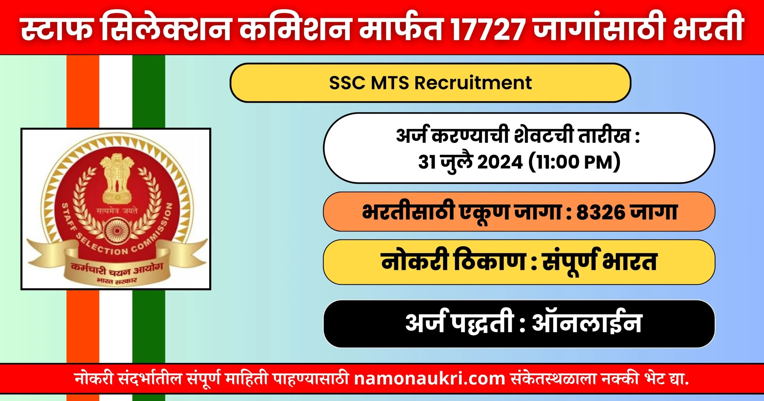 नमो नोकरी : SSC MTS Recruitment | स्टाफ सिलेक्शन कमिशन मार्फत MTS & हवालदार पदांच्या भरती जाहीर 2024 1 SSC MTS Recruitment