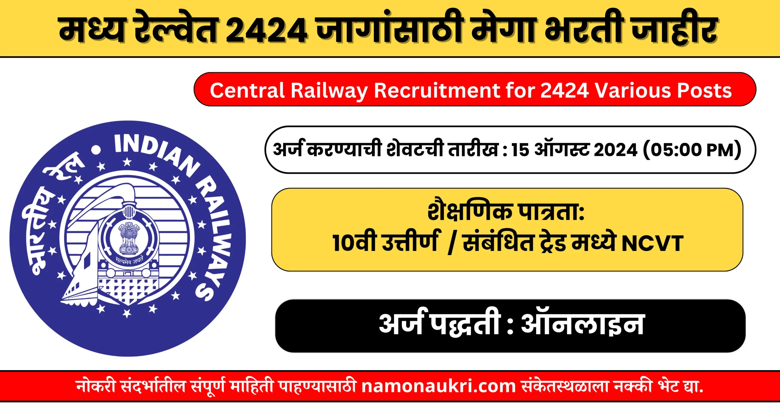 Central Railway Recruitment for 2424 Various Posts | मध्य रेल्वेत 2424 जागांसाठी मेगा भरती जाहीर 1 Central Railway Recruitment for 2424 Various Posts