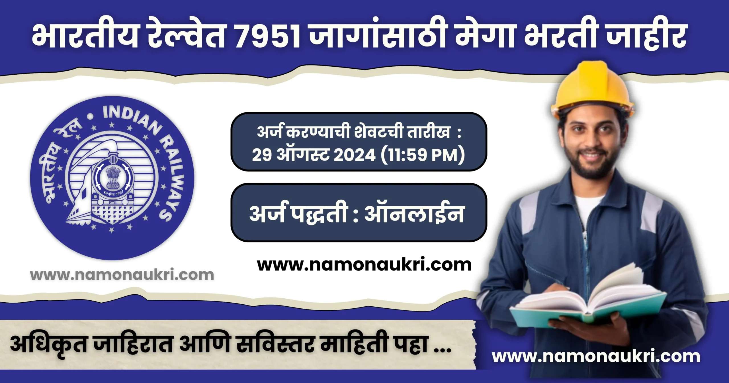 नमो नोकरी : Railway Recruitment Board JE for various post 2024 | भारतीय रेल्वेत 7951 जागांसाठी मेगा भरती जाहीर 1 Railway Recruitment Board JE for various post 2024