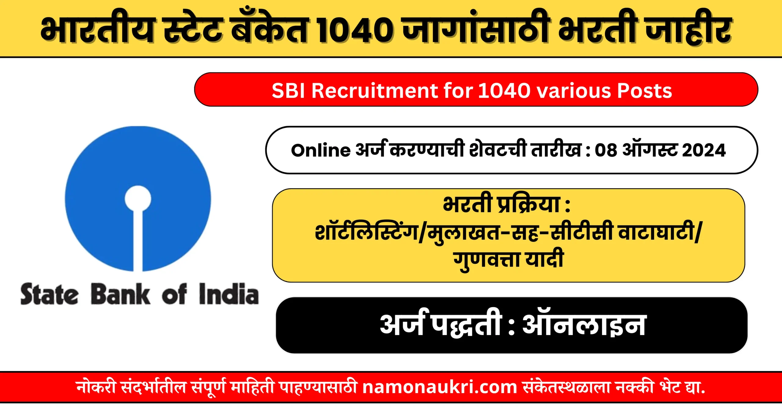 नमो नोकरी : SBI Recruitment for 1040 various Posts | भारतीय स्टेट बँकेत 1040 जागांसाठी भरती जाहीर 1 SBI Recruitment for 1040 various Posts