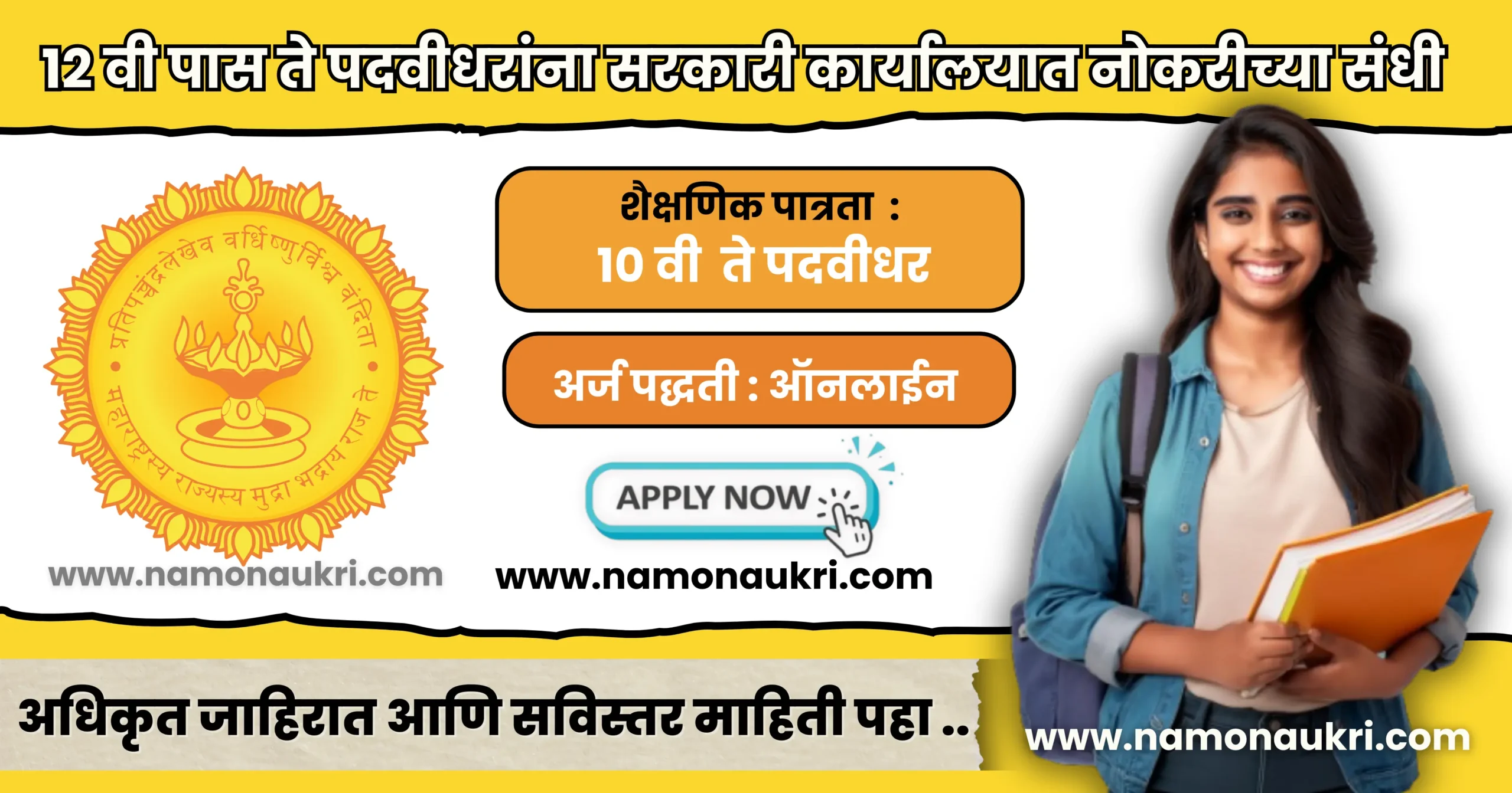 नमो नोकरी : sarkari Karyalay Bharti 2024 | 12 वी पास ते पदवीधरांना सरकारी कार्यालयात नोकरीच्या संधी 1 sarkari Karyalay Bharti 2024